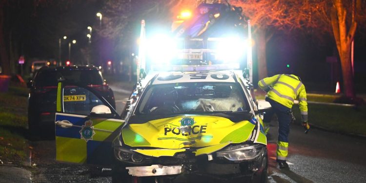 Police car badly damaged in crash Police car badly damaged in crash